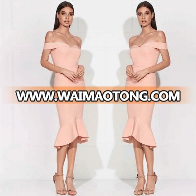 2018 Promotion Pink Off Shoulder Cap Sleeve Over Knee Evening Bodycon Dress