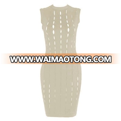 Fashion Round Neck Sleeveless Mini Nude Hallow Out Bandage Dress