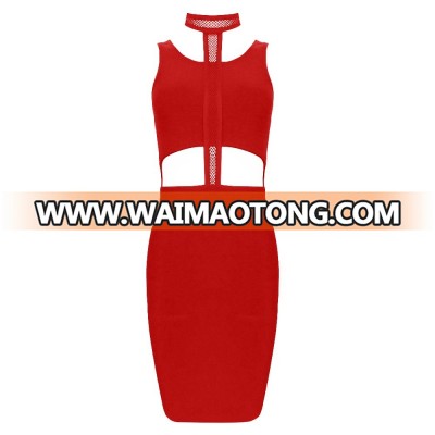 2018 Promotion Red Halter Sleeveless Mini Cut Out Bandage Dress