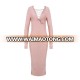 2018 promotion Nude V Neck Long Sleeve Over Knee Strap High Quality Bandage Dress