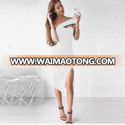 2018 Promotion White One Shoulder Sleeveless Over Knee Off Shoulder Side Out High Quality Bandage Dress