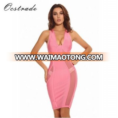 2018 promotion V Neck Strap Mesh See Through Mini Pink Bandage Dress