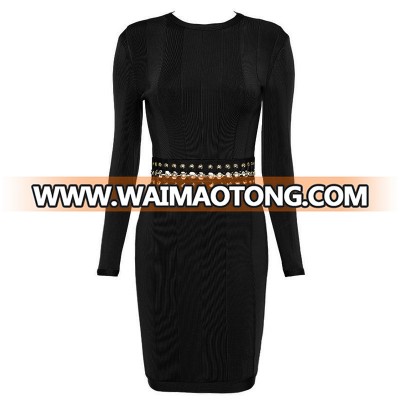 2018 Promotion Fashion Round Neck Longsleeve Mini Black Cut Out Metal Crochet Bandage Dress