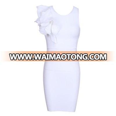 2018 promotion White Round Neck Short Sleeve Over Knee Shoulder- Embellished High Quality Bandage Dress