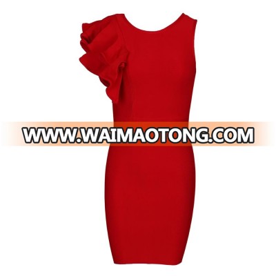 2018 promotion Red Round Neck Short Sleeve Over Knee Shoulder Embellished High Quality Bandage Dress